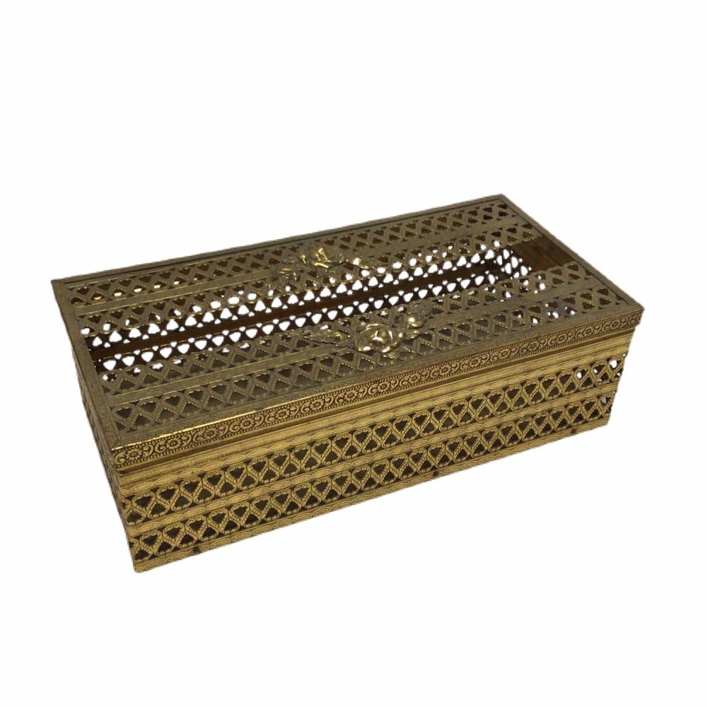 Vintage Brass Tissue Box Holder Gold  Filigree Hollywood Regency Roses